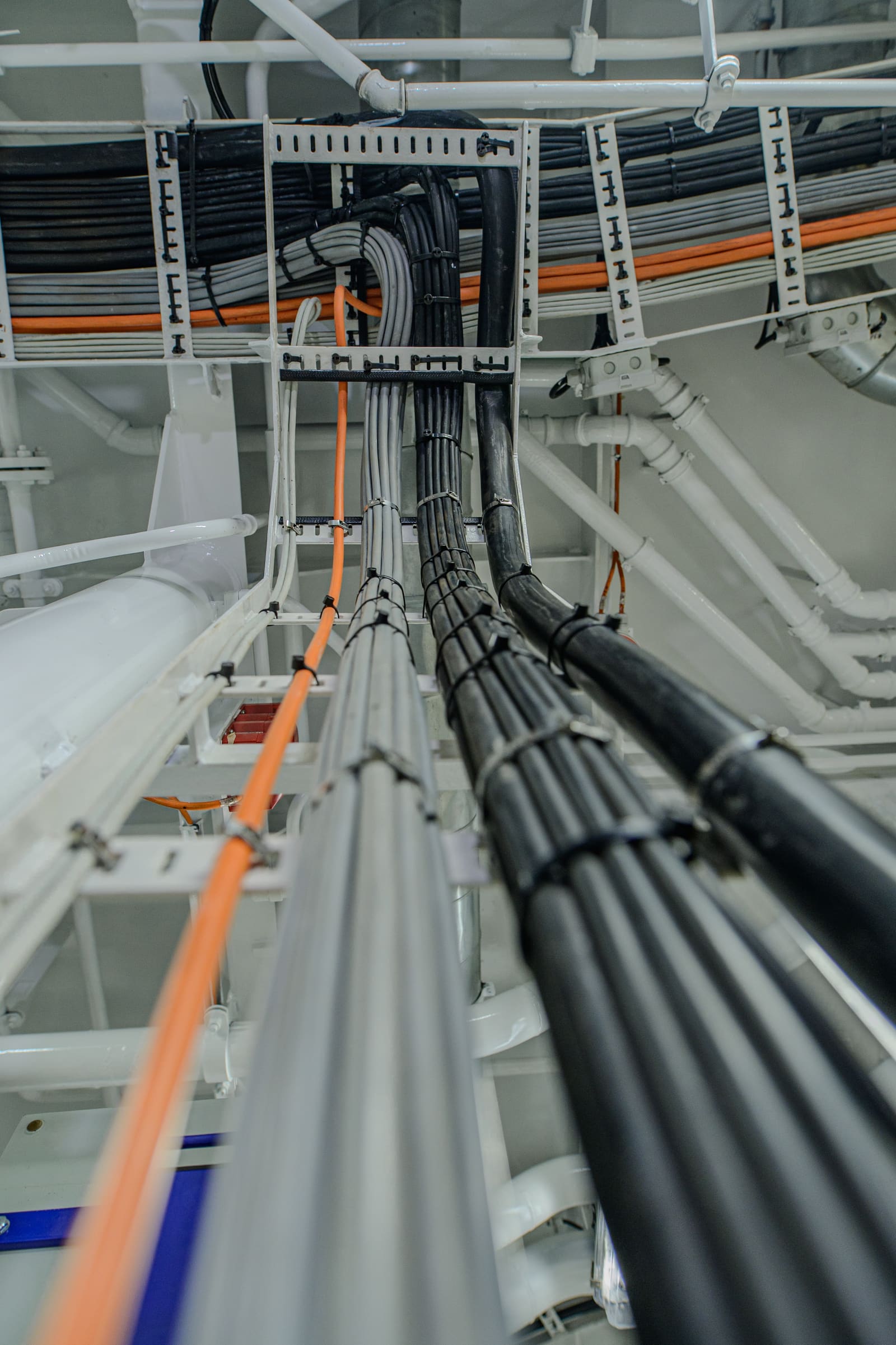 Heavy-section marine power cables and conduits routed along a corridor between cable trays and the bulkhead