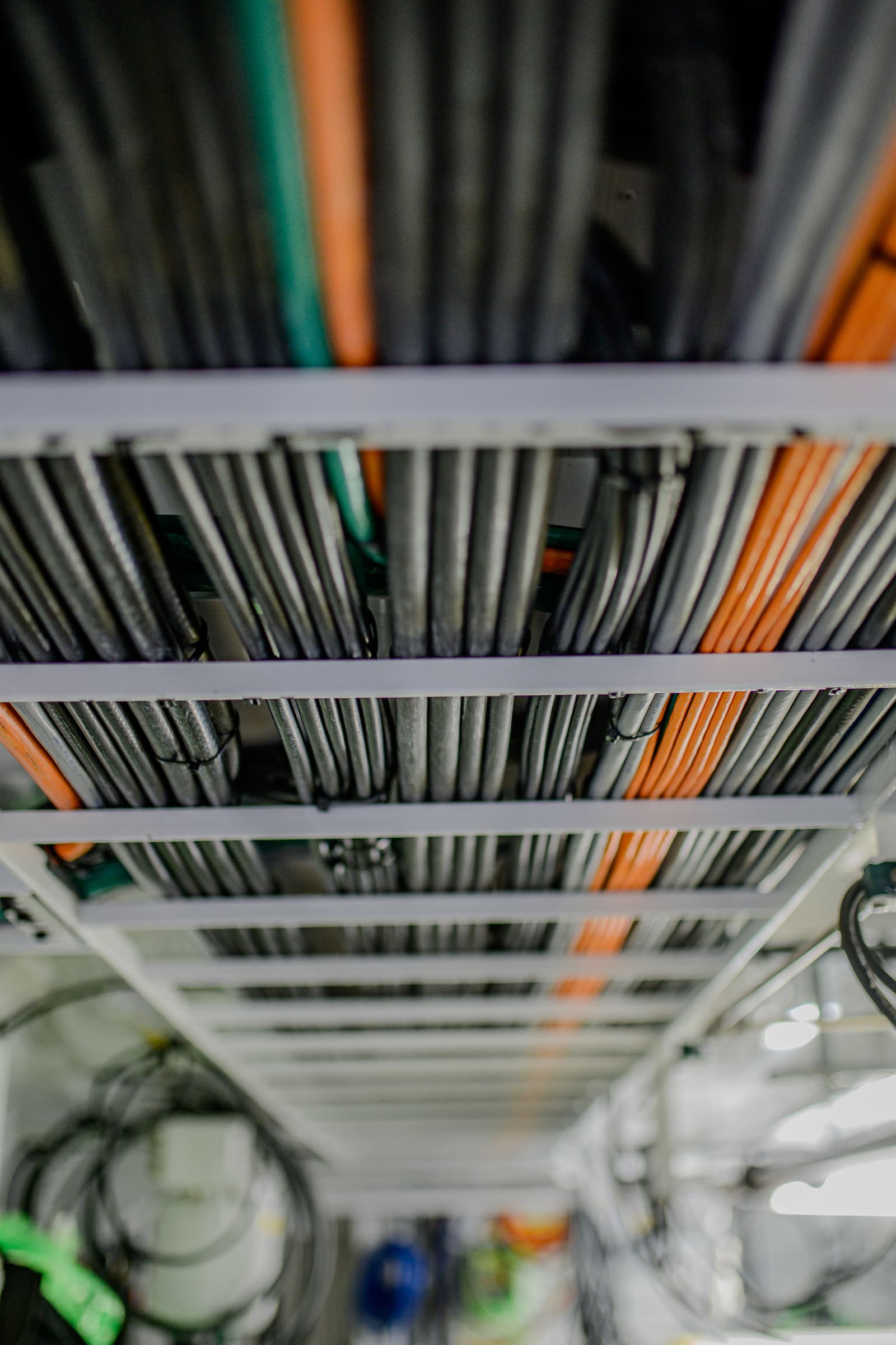 Marine cabling being routed along primary cable trays during a Black Frog Elektro installation.
