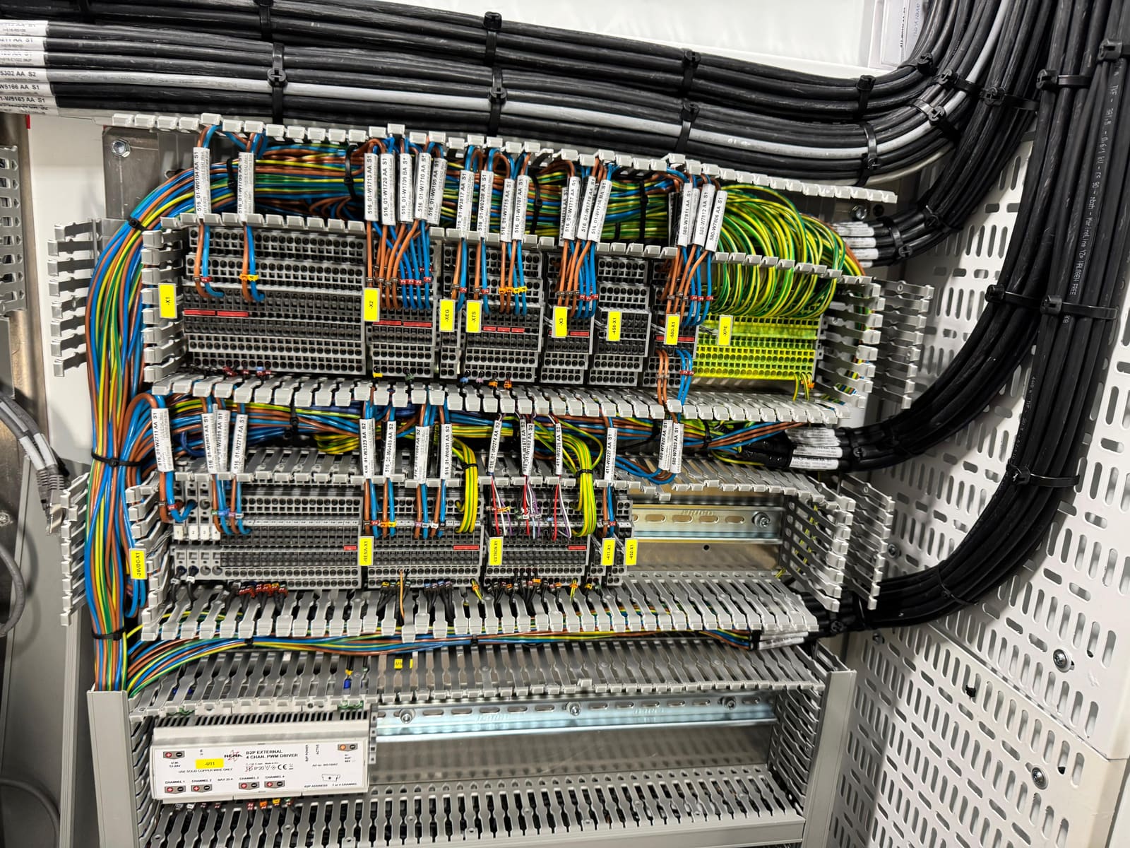 Marshalling cabinet packed with terminated control and instrumentation cables on multi-level DIN-rail terminal strips
