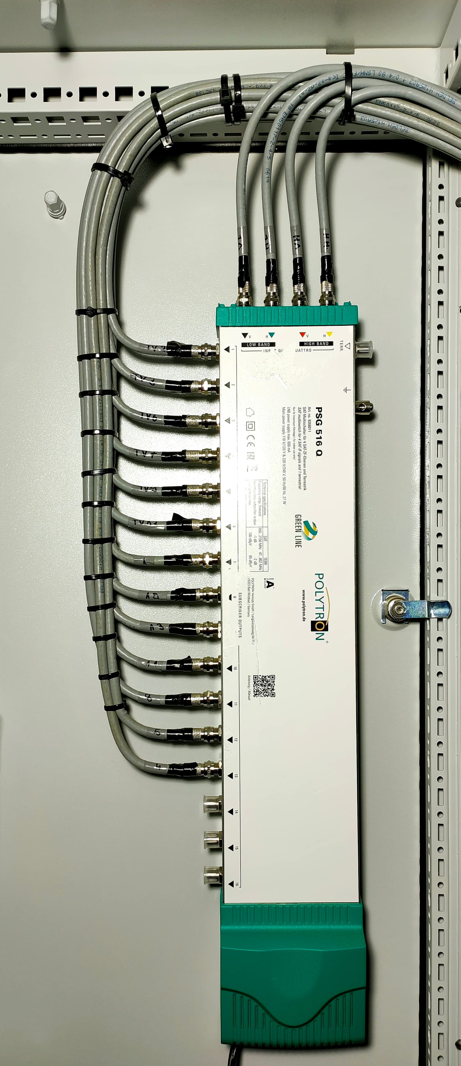 Polytron PSG 516 Q multiswitch installed in a vessel head-end cabinet with coaxial input and output cables landed on F-connectors